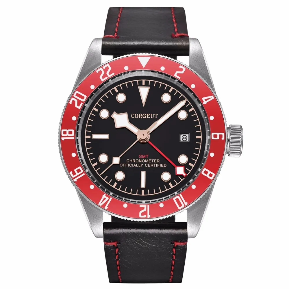 Corgeut Роскошные Брендовые Часы Schwarz Bay GMT Сапфир Мужские автоматические военные спортивные часы для плаванья кожаные механические наручные часы