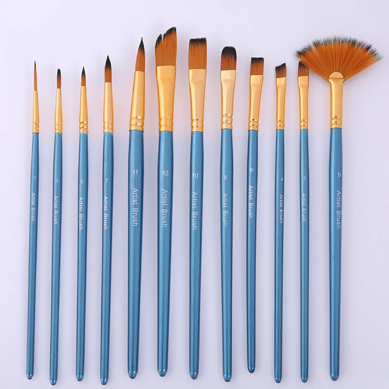 12PCS blue 12 шт. кисть для масляной краски Акриловая Акварельная кисть многомодельная Смешанная ворса для волос для начинающих кисть комплект, принадлежности для живописи - Цвет: 12PCS blue