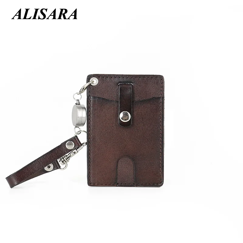 

Retractable Bus Card Holder Genuine Leather Top-end Cowhide Identity Case Tag ID Card Holders Mini Credit Card Wallets Purses
