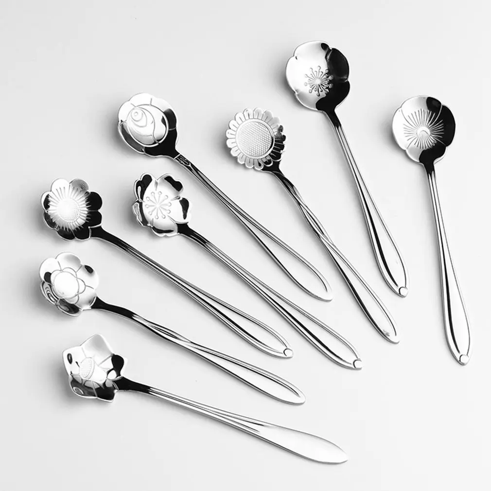 

8Pcs Creative Flower Shape Tea Coffee Spoon Stainless Steel Sugar Ice Cream Spoon Mixing Spoon Stirring Teaspoons Tableware