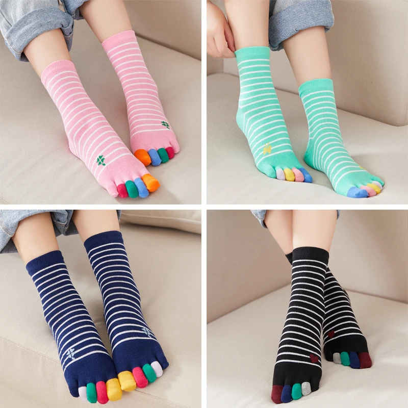 4 пары, носки с пятью пальцами, женские носки средней длины без пятки, полосатые носки из чистого хлопка, милые японские носки с пятью пальцами