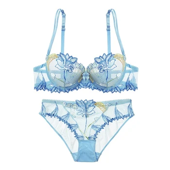 

Sexy D Cup Hollow Out Bra Briefs Set Embroidery See Through Lingeries Transparent Women Underwear Set