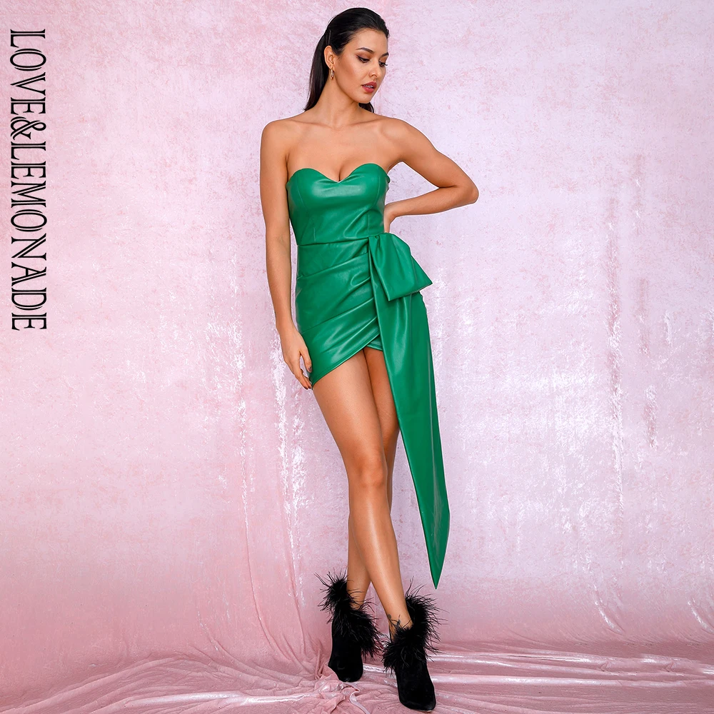 

LOVE&LEMONADE Sexy Green Bandeau V-neck Double streamers cross PU material Mini party dress LM82017 autumn/winter