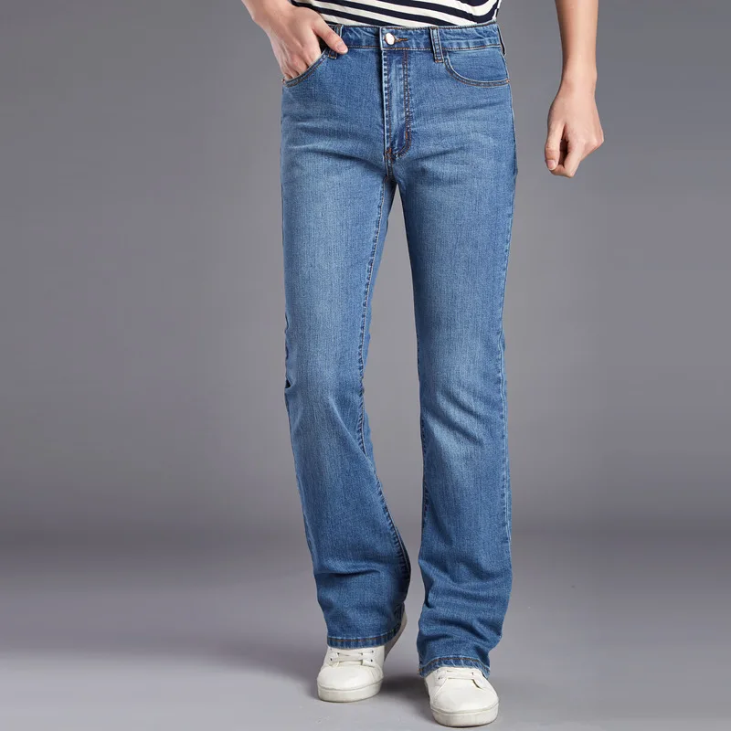 2021 Spring Business Casual Slim Bootcut Flared Jeans For Men Boot Cut Flare Denim Pants Elasticity Long Blue Trousers