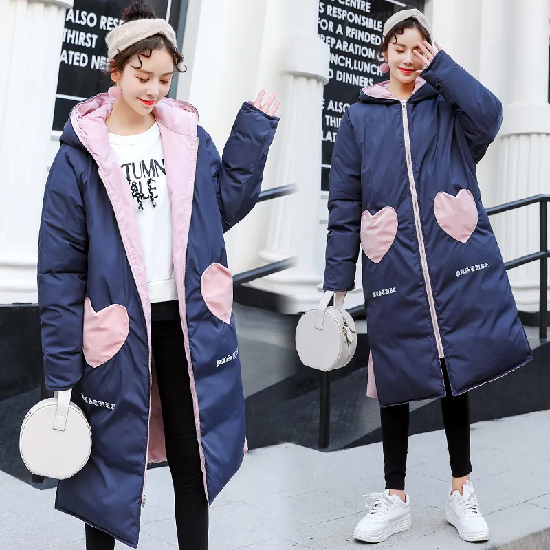 Дизайн, две зимние куртки в форме сердца, Женская милая верхняя одежда с капюшоном, Женская двухсторонняя Удобная Зимняя парка