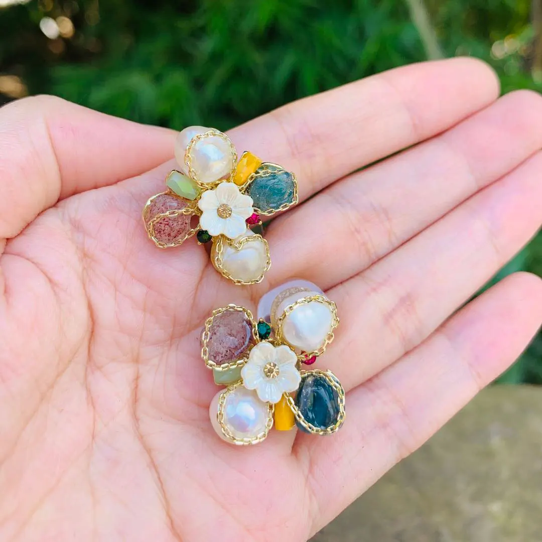 Flower Natural Stone Pearl Earrings For Women 925 sterling silver Earrings Jewelry Accessories Gift STUD EARRING crystal Gift