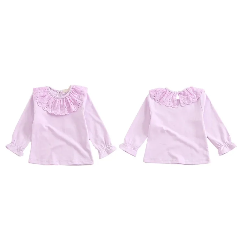 Модная хлопковая детская одежда; одежда для маленьких девочек; Осенняя Кружевная футболка с длинными рукавами для девочек; футболка для девочек с кукольным воротником; одежда для малышей