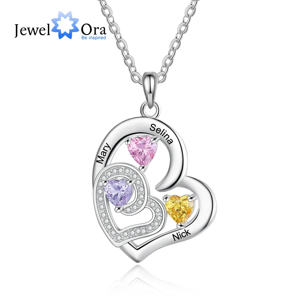 

JewelOra Romantic Custom Name Engraved Necklaces for Women Personalized Heart Pendant Necklace with 3 Birthstones Gift for Her