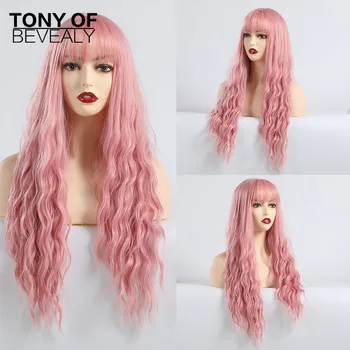 

Long Wavy Pink Natural Wigs With Thin Bangs Heat Resistant Synthetic Wigs For Afro Women Cosplay Costume Natural Hair Wigs