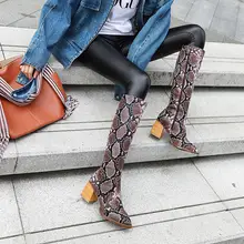 Коричневые зимние рыцарские высокие сапоги со змеиным узором; женские мотоциклетные сапоги до колена на массивном каблуке; длинные ковбойские кожаные сапоги martin; bota