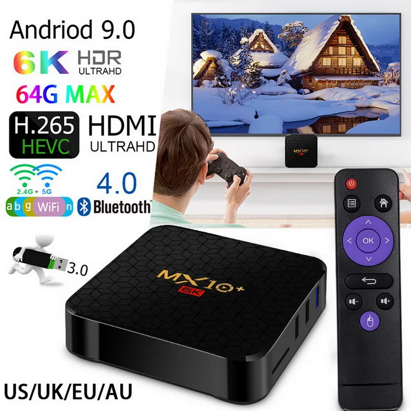 MX10 Pro 6k ТВ Box Android 9,0 4 ядра 64-бит ARM Cortex-A53 Вай-Фай HDMI ТВ Декодер каналов кабельного телевидения Media Player коробка