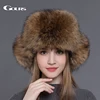 Gours Fur Hat for Women Natural Raccoon Fox Fur Russian Ushanka Hats Winter Thick Warm Ears Fashion Bomber Cap Black New Arrival ► Photo 2/6