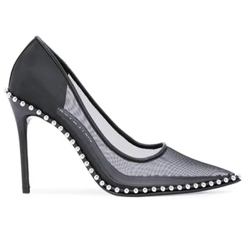 

Runway 2020 Mesh Women Pumps Studded High Heels Shoes Woman Black Beading Zapatos De Mujer Sexy Party Wedding Gladiator Sandals