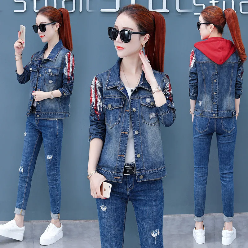 

Jeans Coat Women's plus Velvet 2018 Autumn & Winter Thick Loose-Fit Short Students Korean-style Sequin Cotton Clothes 110306