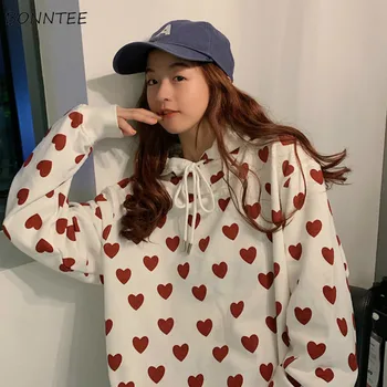 

Hoodies Women Loose Printed Long Sleeve Hooded Pullovers Kawaii Korean Soft Chic All-match Fashion Womens Daily Vintage Ulzzang
