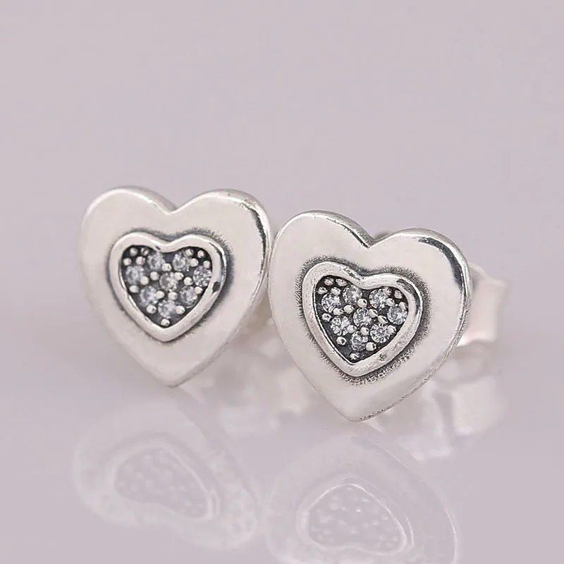 

Authentic 925 Sterling Silver Silver Logo Heart Earring With Crystal Stud Earring For Women Wedding Gift Fine Pandora Jewelry