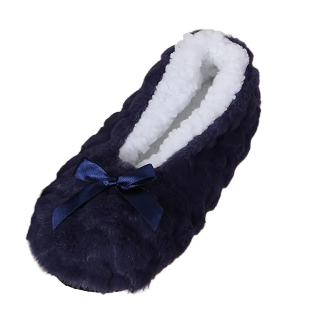 Зимние женские домашние тапочки; теплые мягкие плюшевые тапочки; домашние тапочки из флока с бантом-бабочкой; нескользящая Милая женская обувь - Цвет: Тёмно-синий