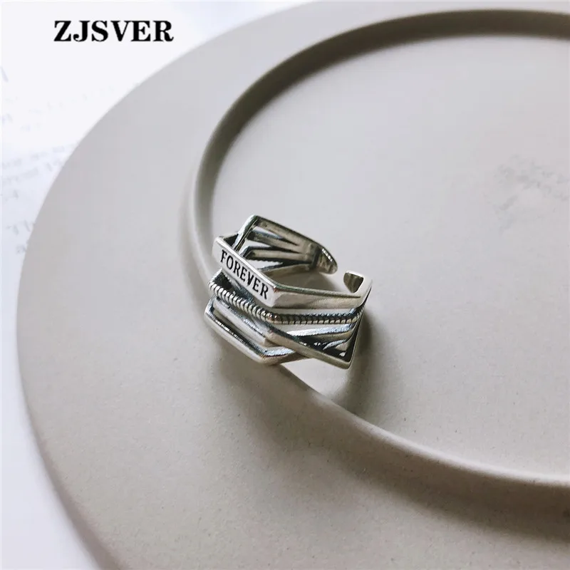 

ZJSVER Korean Jewelry 925 Sterling Silver Rings Fashion Multi-layer Geometric Letters Opening Adjustable Women Ring For Present