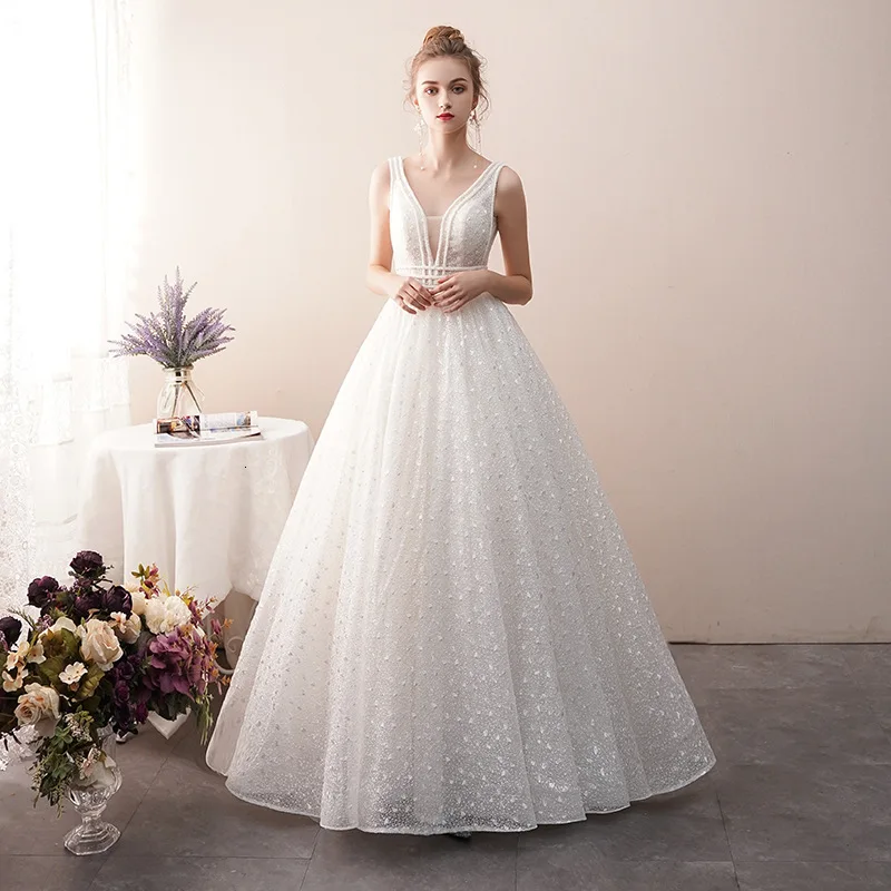 

2019 White Ivory Wedding Dress Custom-made Plus Size Bridal Tulle Mariage Deep V neck Open Back