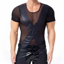 Мужские футболки из искусственной кожи, сетчатые Лоскутные трусы, шорты с рукавами, прозрачные, эротические, вечерние, Клубные, сексуальные, Hombre топы, футболки