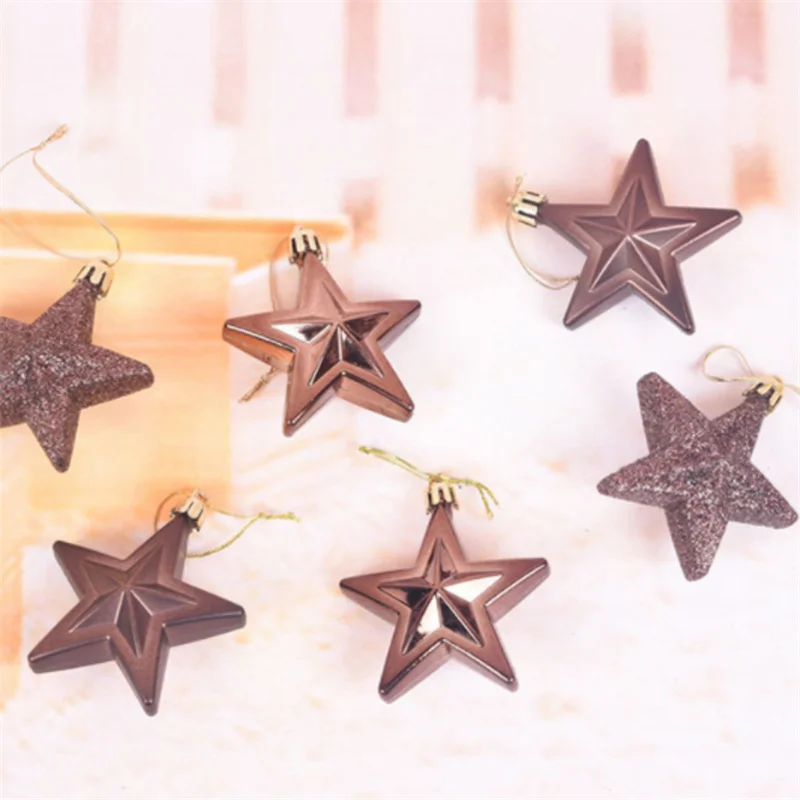 Set of 6 Five-Pointed Star Christmas Tree Hanging Ornaments - Festive Holiday Decorations