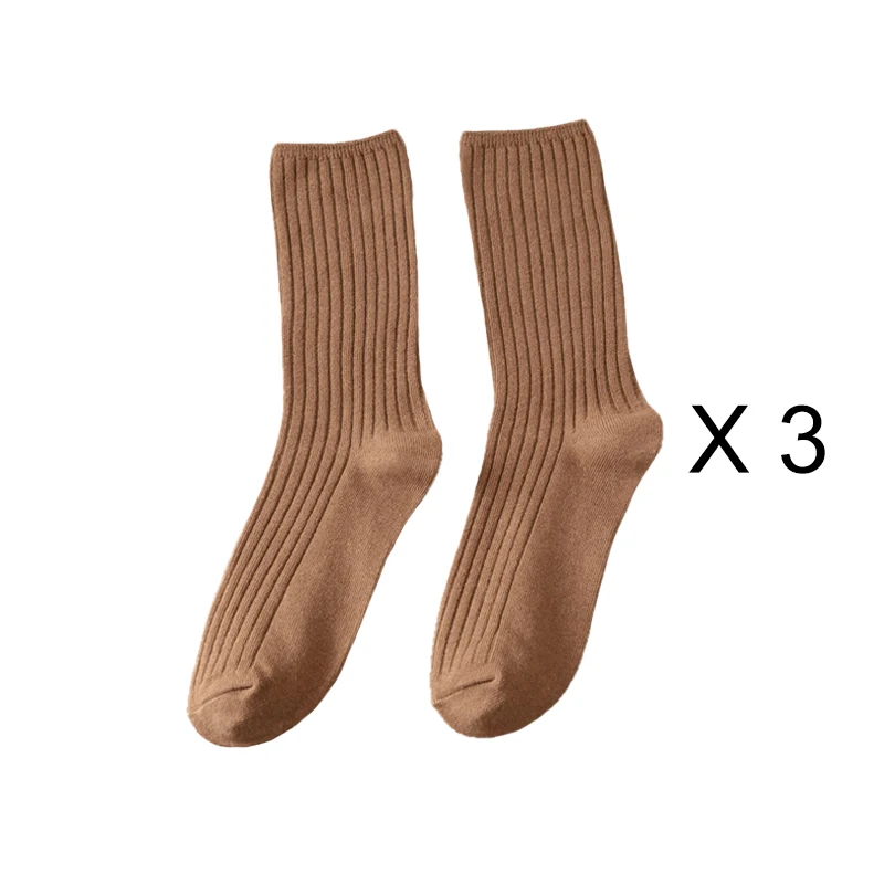 Elegant Retro Solid Color Long Cotton Socks for Women - 3 Pairs/Lot, Breathable Japanese Style Casual Wear