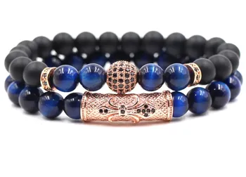 

8mm 2PCS/Set u5y4 belastic adjusted nature blue Tigereye bead agate Onyx micro pave cz zircon cubic zirconia tube Bracelet