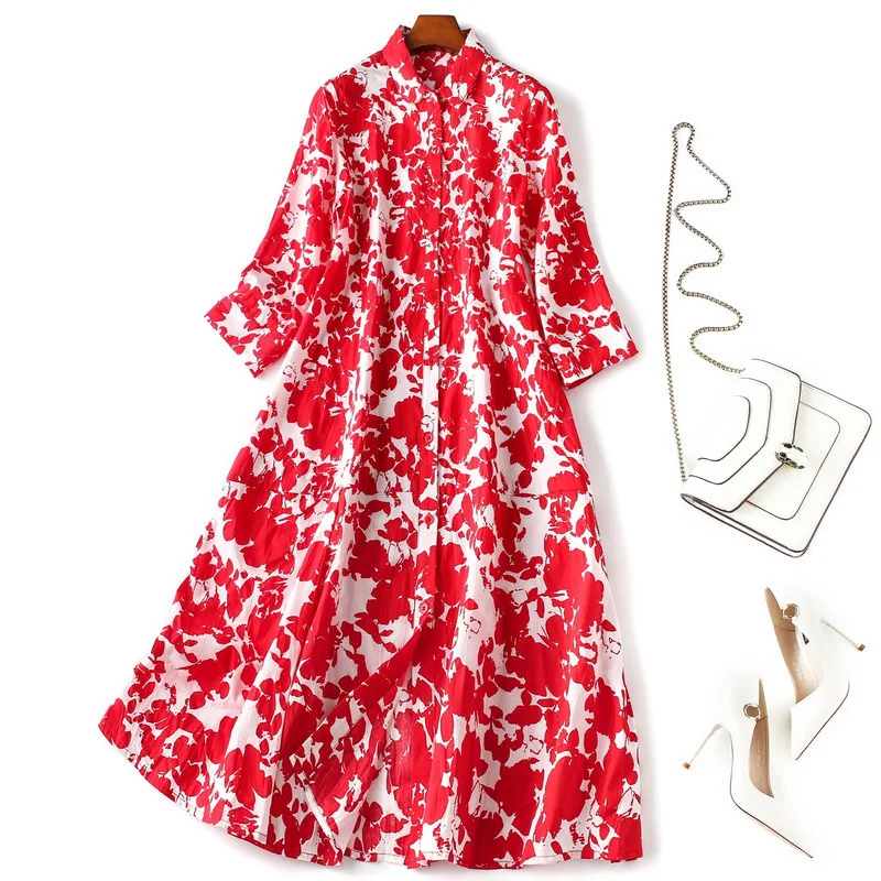 

New 2019 autumn womens floral print red cotton dress 3/4 sleeve loose style single breasted shirt dresses pockets