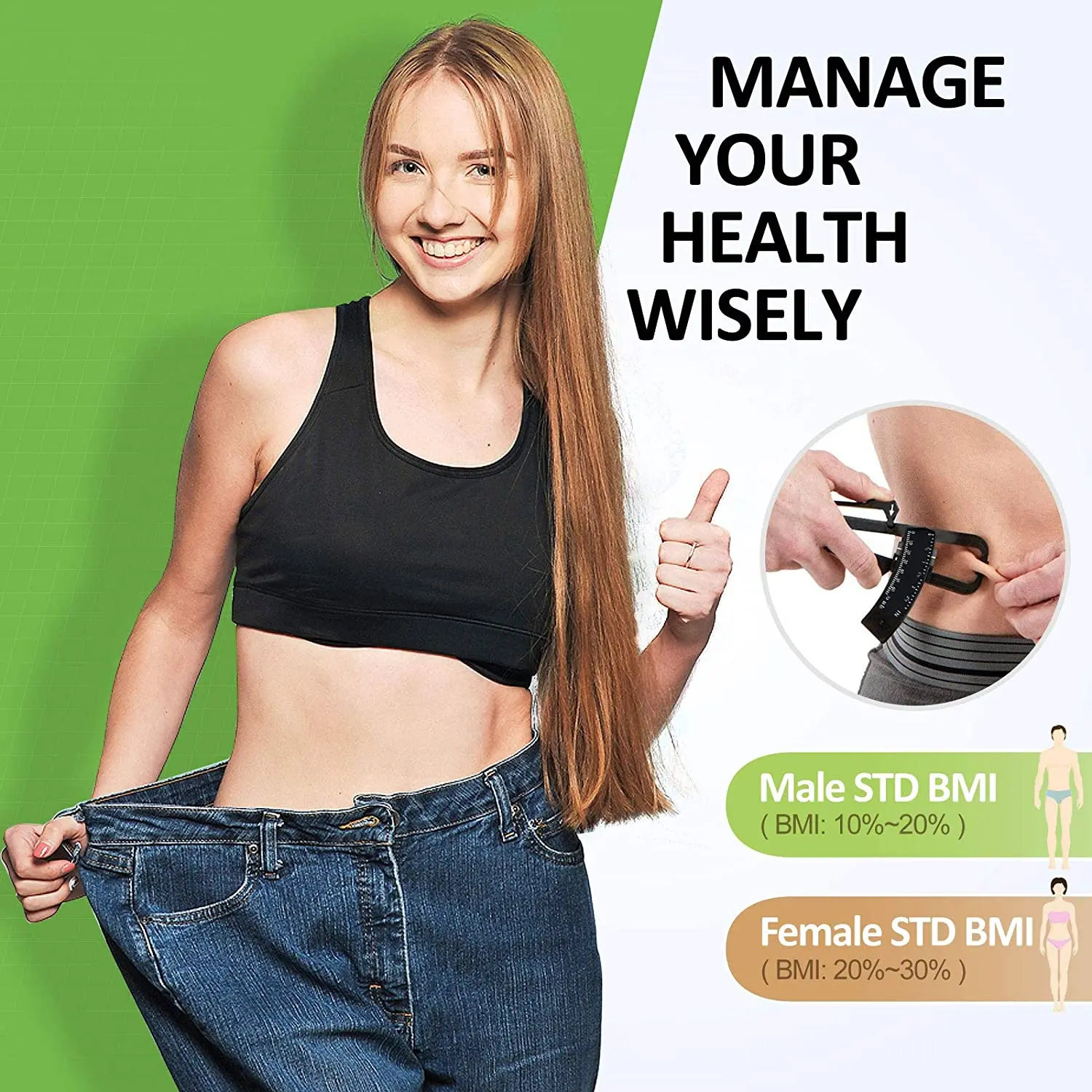 Body Fat Caliper Measuring Device Combination And Body Fat Percentage Measurement Chart To Measure Male And Female Body Fat