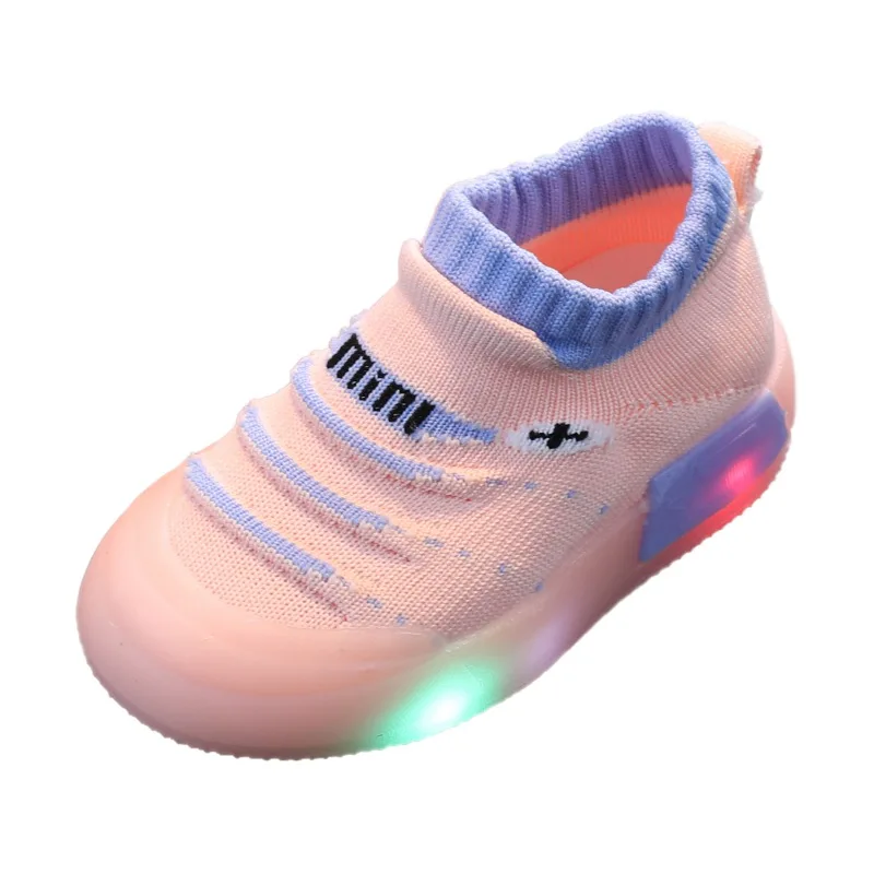 

0-3T Autumn Spring Children Gilrs Boys Fly Weave Breathable One Foot Sneakers LED Light Baby Kid Soft Soles Non-slip Socks Shoes