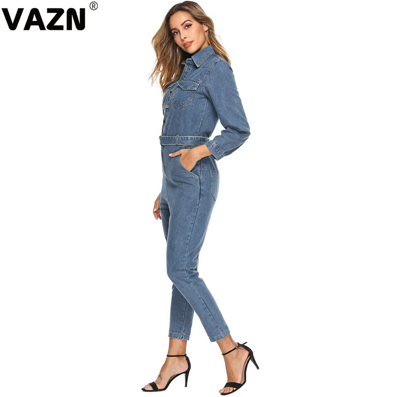 VAZN, новинка, шикарный сексуальный женский весенний джинсовый синий комбинезон с длинным рукавом, длинные штаны на молнии, комбинезон для девушек, повседневный классный шикарный комбинезон