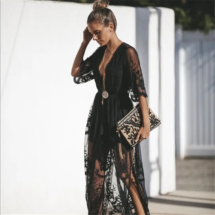 black with lining Богемный Вдохновленный Цыганская Вышивка Кружева Макси платье с глубоким вырезом с разрезом сбоку туника летнее платье Новое сексуальное пляжное платье женская одежда - Цвет: black with lining