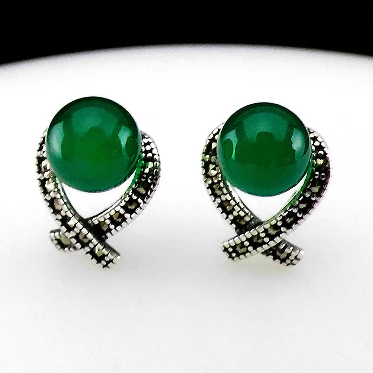 Green Agate earring FNJ 925 серебряные серьги для женщин ювелирные изделия желтый зеленый шар букле d'oreille S925 серебро серьги-гвоздики - Окраска металла: Green Agate earring