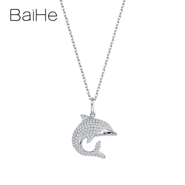 BAIHE Solid 18K Белое Золото сертифицировано 0.006ct+ 0.42ct натуральный рубин+ бриллианты женщины Дельфин изысканное украшение на свадьбу ожерелья