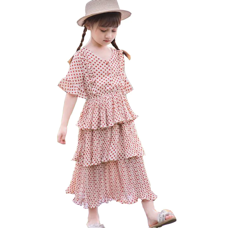Летняя одежда; одежда для детей; коллекция года; милое платье для маленьких девочек; шифоновое многослойное платье в горошек с короткими рукавами; детское пляжное платье