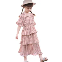 Летняя одежда; одежда для детей; коллекция года; милое платье для маленьких девочек; шифоновое многослойное платье в горошек с короткими рукавами; детское пляжное платье