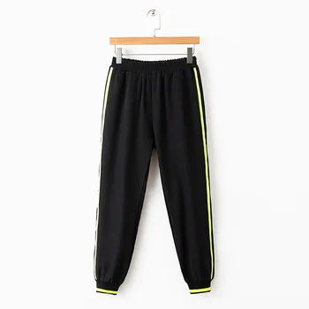 

E CN WOMAN Za Side Fluorescent Banding Black Joggers Trousers Casual Women Activewear Mid Elastic Waist Pants Pantalon Femme
