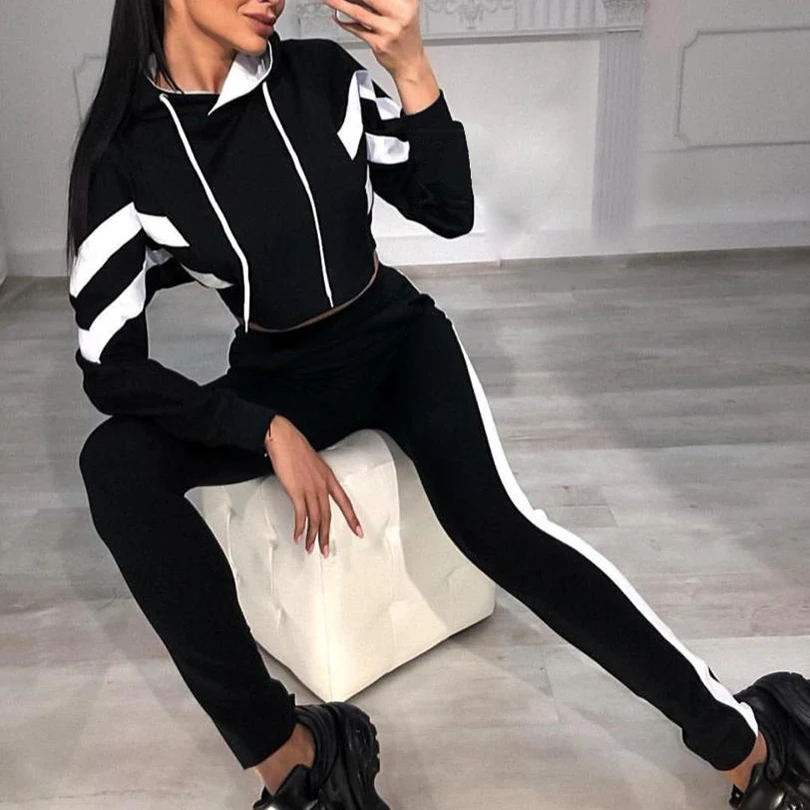 ZOGAA New Ladies Casual Suit Striped Color Matching Sweater+ Trousers 2 Sets of Women Tracksuit Women
