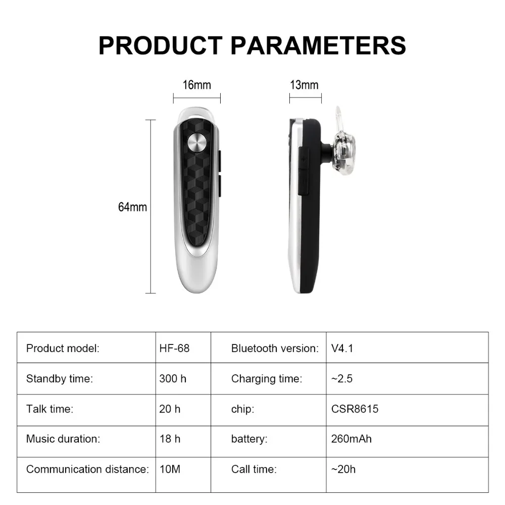 HF68 Bluetooth Mini Earphone Wireless Earbud Stereo Music Hands free Calling Earphone with Mic 20 Hours Working headphone