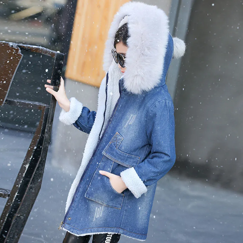 kids Parkas jacket winter Girls coats clothing Zipper Hooded Denim long style Thicken fur collar children outerwear clothes h73