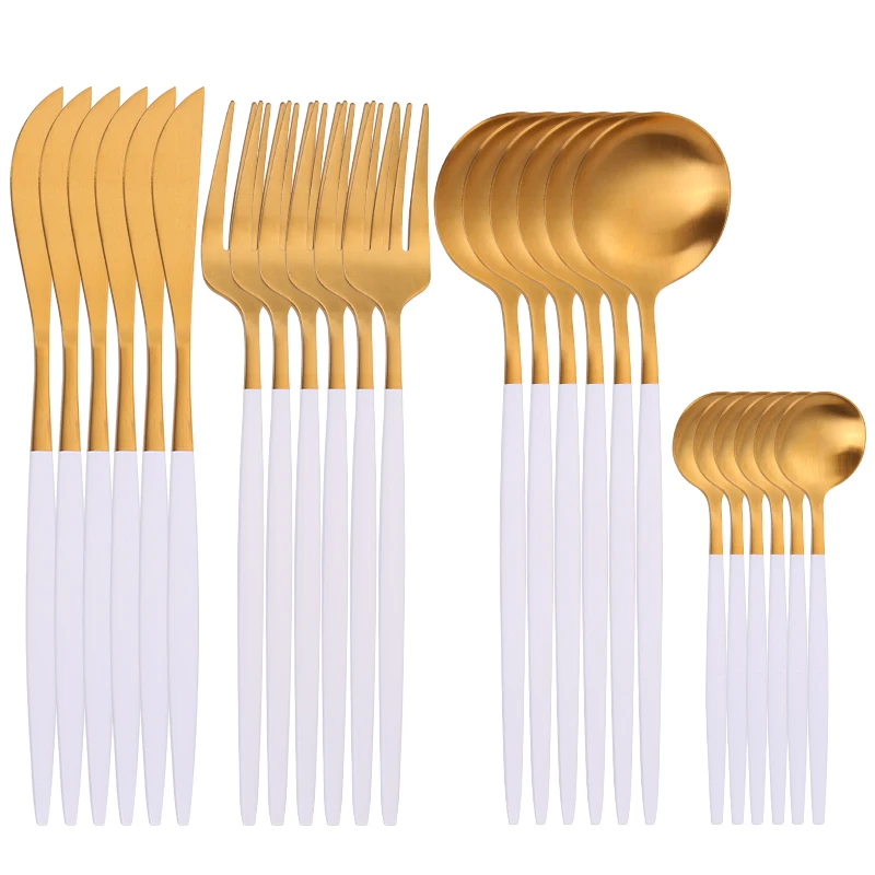 24pcs Gold Tableware Set 18/10 Stainless Steel Dinnerware Set Knife Fork Spoon Flatware Set Dishwasher Safe Cutlery Set Gift Box 24