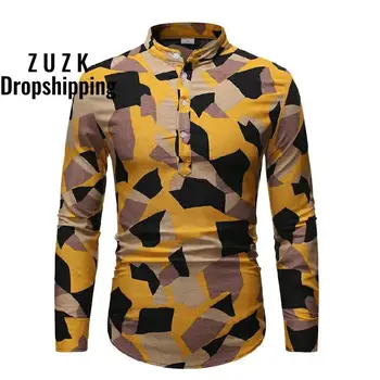 2020 Fashion Geometric Print Long Sleeve Dress Shirt Male Good Quality Tropical Hawaiian Shirts Men tropical print knot cuff dress