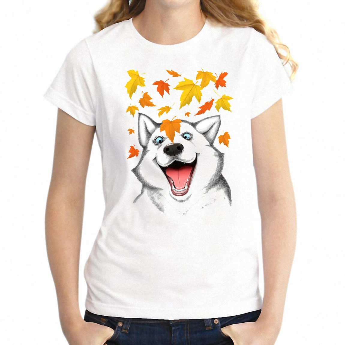 

Women's T Shirt Happy Autumn Dog Having Fun Awesome Girl's Tee