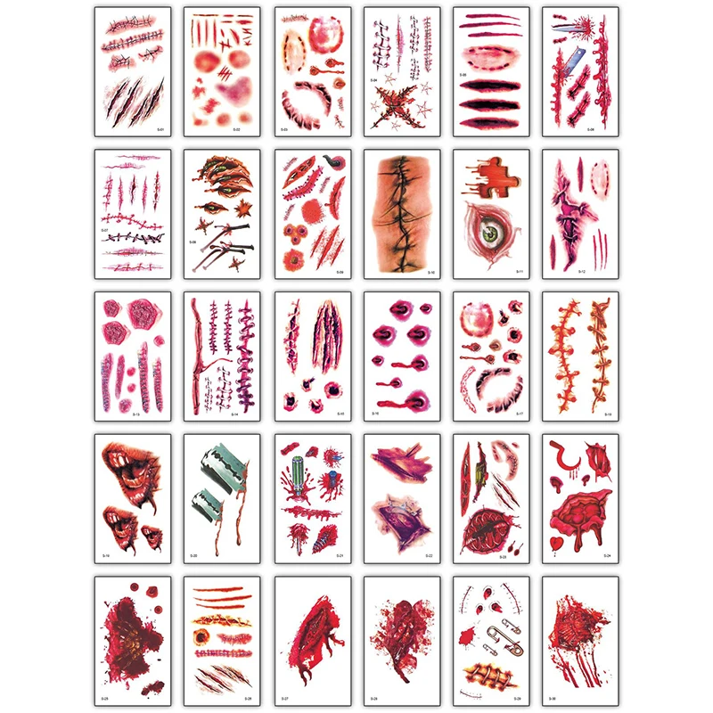 

30 PCS Waterproof Waterproof Temporary Tattoo Sticker Halloween Terror Wound Realistic Blood Injury Scar Fake Tattoo Sticker