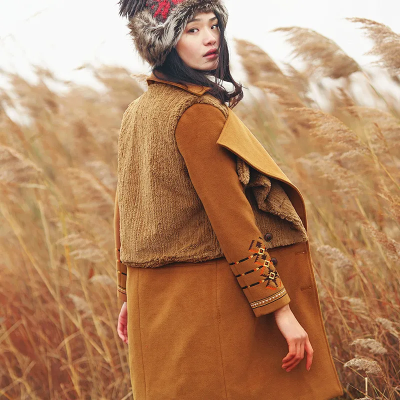 

Autumn Winter Women Casual Loose Thick Warm Long Woolen Jacket Ladies Retro Embroidery Two-Piece Set Wool Outerwear Overcoat
