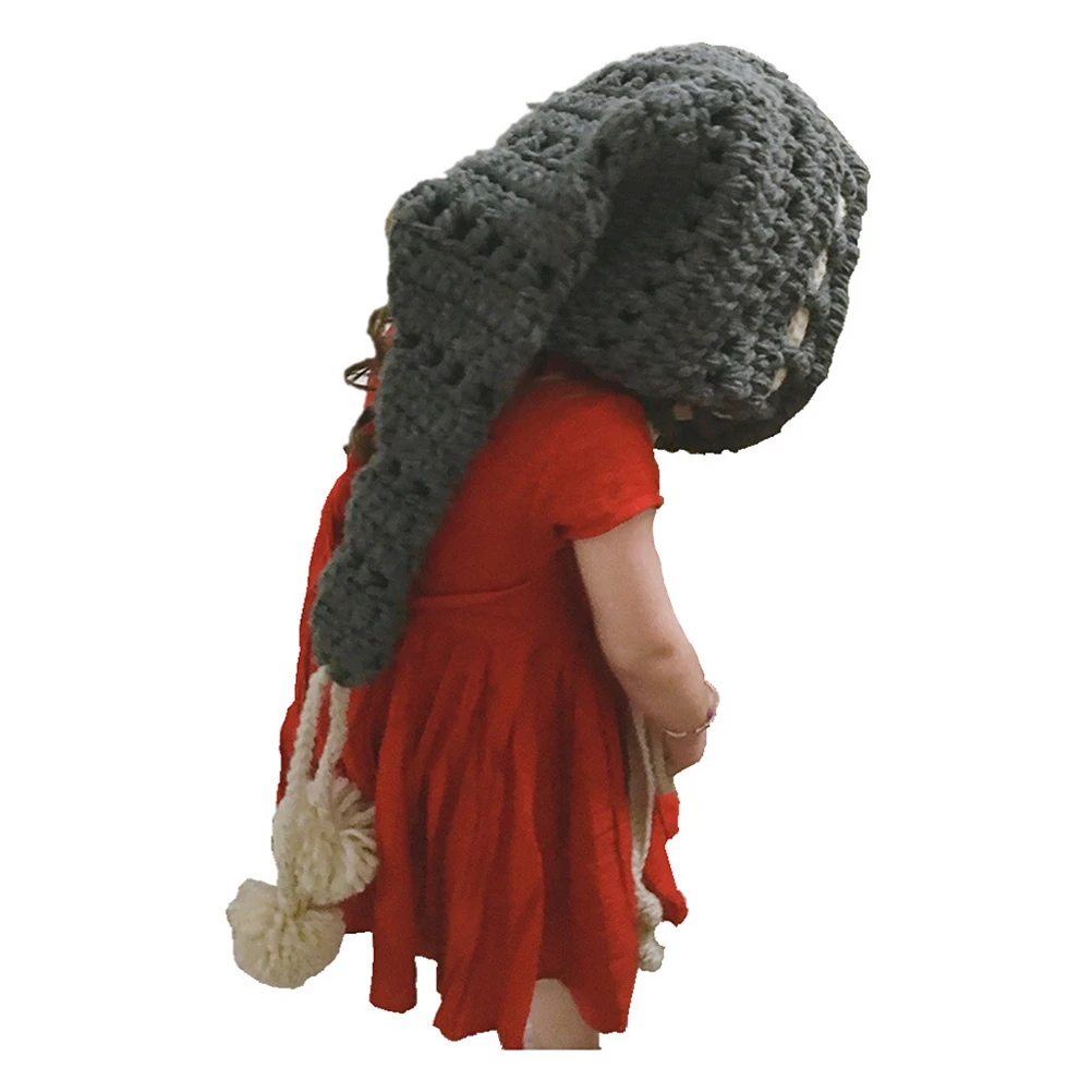 Autumn Winter Cap Woolen Yarn Wool Crochet Long Tail Hat Knitted Beanie for Kids Children(Grey