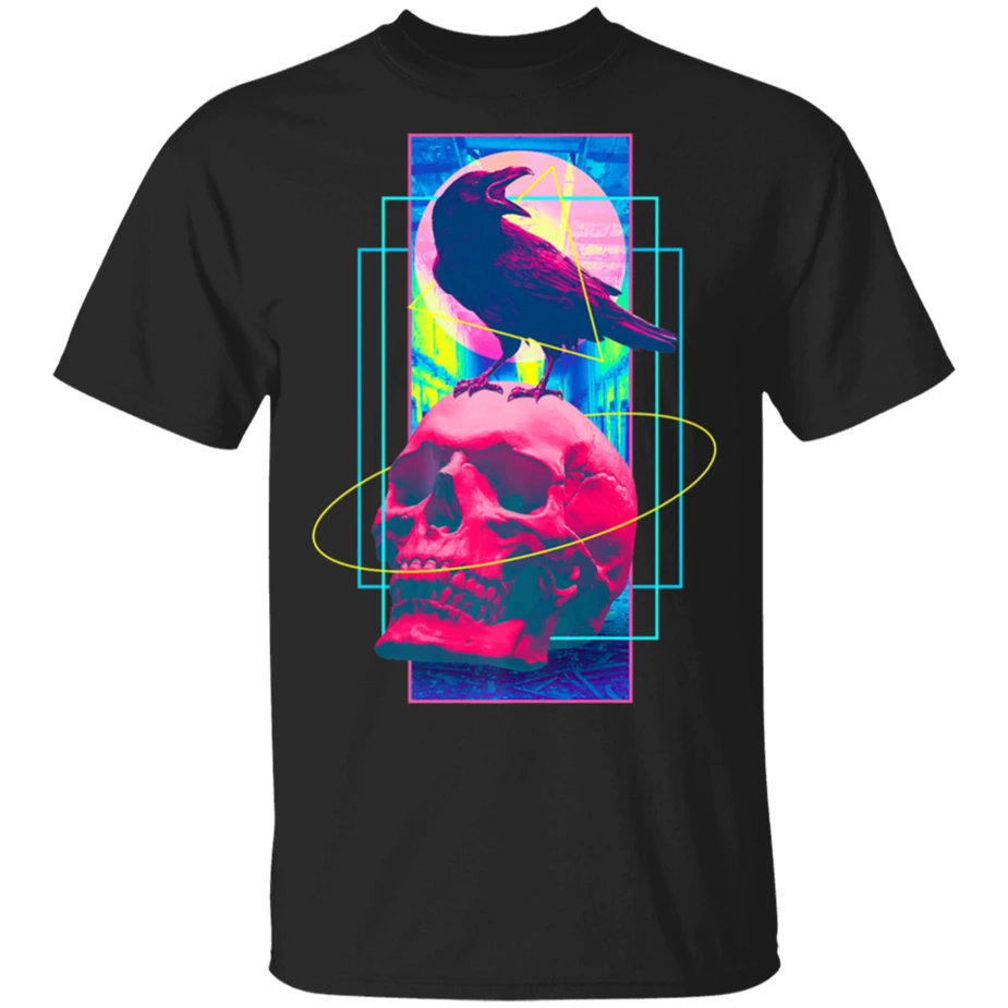 Vaporwave Skull Crow - Halloween Retro Aesthetic Art Premium Black T-Shirt M-... Bodybuilding Tee Shirt | Мужская одежда