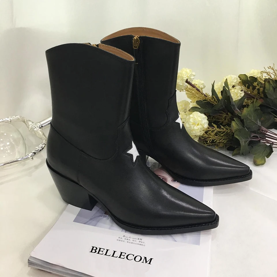 

BELLECOM Autumn 2019 New Pointed Women's Mid-boots, True Leather, Thick-heeled Boots, All-round Girls'Boots