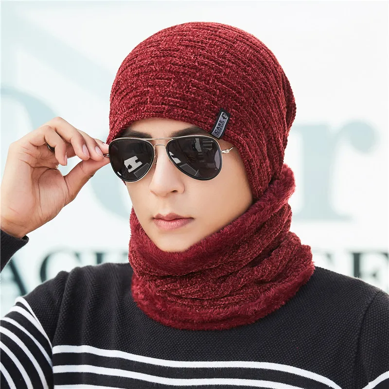 wine New Winter Men Hat Scarf Set Fashion Wool Hat Male Winter Caps Men velvet thick wool warm caps riding windproof hat set - Цвет: wine