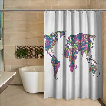 

Wanderlust Odorless Waterproof Shower Curtain Colorful World Map with Flowers Blossoms Floral Art Educational Large Home
